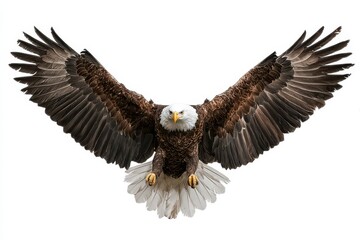 Obraz premium Majestic eagle descends gracefully, showcasing powerful wings in mid-flight above a serene landscape during daylight hours