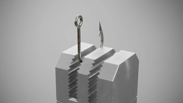 Detailed medium shot focusing on the intricate lasercut edges of the sharpener capturing the smooth accurate sharpening method on a fishing hook against a neutral background.