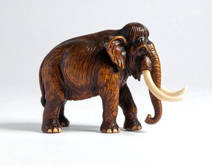 A detailed carved wooden sculpture of a mammoth, displaying intricate detail in its textured skin and ivory tusks.