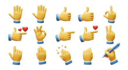3D Rendered Hand Gesture Emoji Collection with Yellow Hands Showing Various Signs and Gestures on White Background