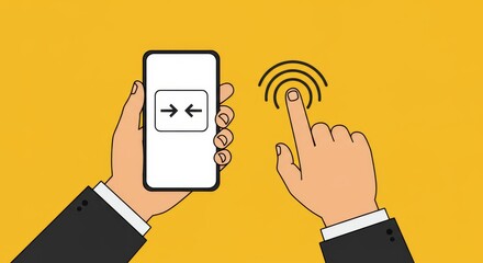 Flat Vector of Hand Holding Smartphone with Zoom Icon and Touch Gesture on Blank Screen