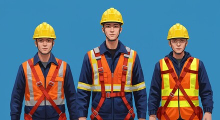 Construction Workers Wearing Hard Hats and Safety Harnesses Standing Together Facing Forward