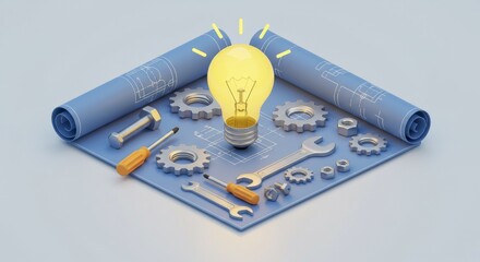 Isometric 3D Illustration of Engineering Idea Concept with Glowing Light Bulb, Tools, Bolts, Nuts, and Blueprint with Gears
