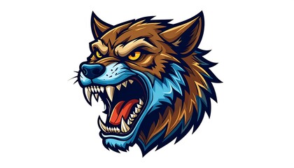 A stylized illustration of a ferocious wolf head, showcasing bold lines, vibrant colors, and a fierce expression.