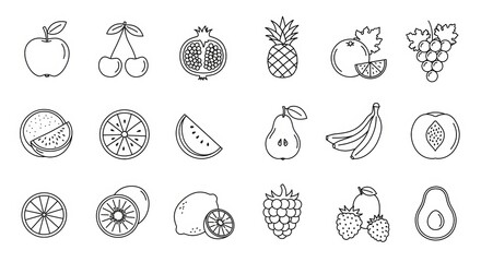 Icon Set of Fruits Including Apple, Cherries, Grapes, Pineapple, Watermelon, Pear, Kiwi, Lemon, Strawberry, and Avocado
