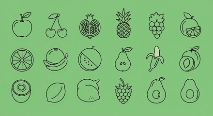 Icon Set of Fruits Including Apple, Cherries, Grapes, Pineapple, Watermelon, Pear, Kiwi, Lemon, Strawberry, and Avocado