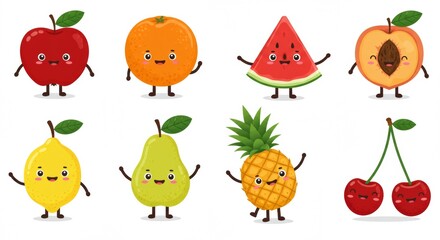 Fruit Characters Collection with Smiling Faces and Arms in Flat Colorful Style Isolated on White Background