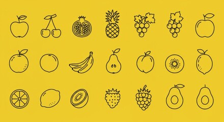 Icon Set of Fruits Including Apple, Cherries, Grapes, Pineapple, Watermelon, Pear, Kiwi, Lemon, Strawberry, and Avocado