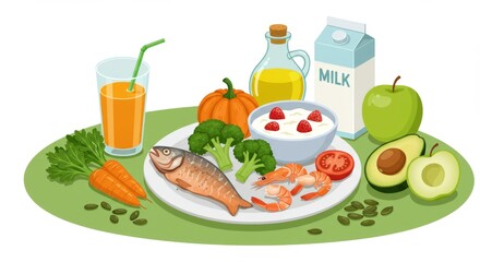 Balanced Healthy Meal with Fish, Vegetables, Fruits, Oatmeal, Olive Oil, Milk, and Orange Juice on a White Plate