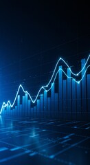 A digital representation of a financial graph showcasing upward trends. The scene features a series of vertical bars and a line graph against a dark background.