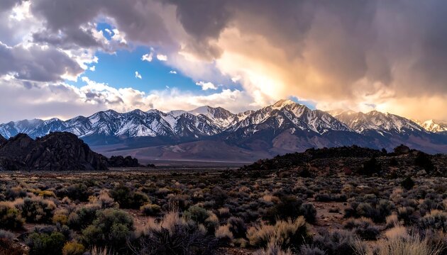 A breathtaking vista of a mountain range bathed in the golden light of a dramatic sunset, showcasing snow-capped peaks piercing a dramatic sky of clouds and sunlight.