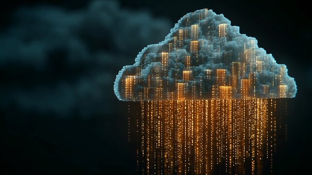 Embrace the Cloud Era with this striking digital data visualization showing data streams flowing into a modern cloud, perfect for illustrating cybersecurity, technology, and innovative solutions - Powered by Adobe