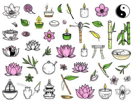 A collection of hand-drawn illustrations representing elements of serenity and tranquility, including lotus flowers, candles, bamboo, and teacups.