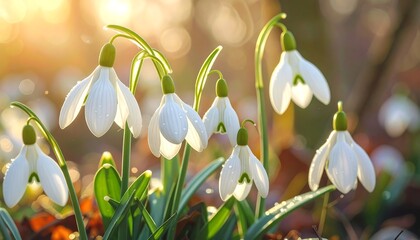 Delicate snowdrops in sunlight, showcasing springtime's gentle awakening.