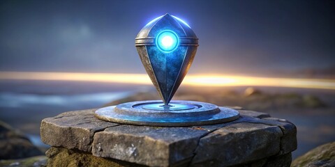 Glowing crystal stands on a stone platform by the sea