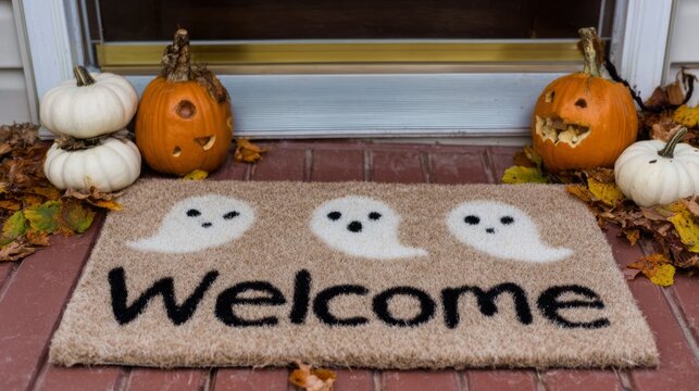 Halloween-themed welcome mat with playful ghosts and festive pumpkins at a cozy front porch entrance