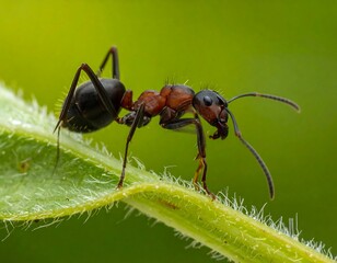 Close-up macro shot of a large ant on a vibrant green leaf, showcasing intricate details of its segmented body and delicate appendages against a blurred natural background.