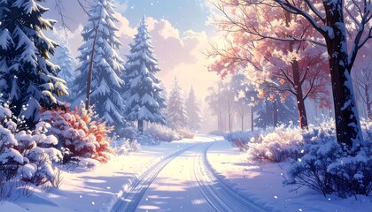 A serene winter landscape, showcasing a snow-covered forest path bathed in soft sunlight.