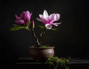 A captivating bonsai magnolia with vibrant pink and white blossoms stands elegantly against a dark backdrop, showcasing the delicate beauty of springtime.