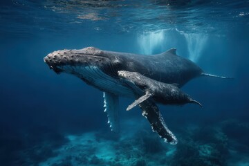 Obraz premium Mother humpback whale and her calf swim gently together in the clear waters of Tonga, showcasing an intimate moment in their natural habitat