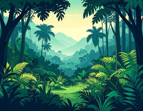A vibrant, lush jungle landscape unfolds, showcasing a dense forest canopy and a misty mountain range in the background.