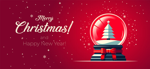 Merry Christmas greeting card with snow globe. Christmas elegant invitation with glass snow globe with fir tree. Snow ball with Xmas tree on red background design. Holiday banner with snow globe