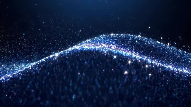 A wave of shimmering, sparkling particles drifts across a deep blue gradient background