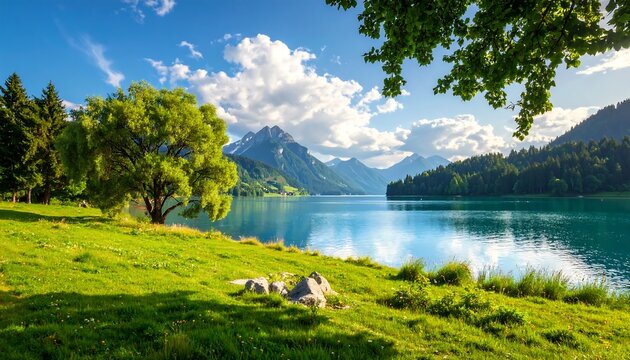 A serene lake scene showcases a tranquil landscape with lush greenery, towering mountains, and a clear, azure lake reflecting the bright sky.