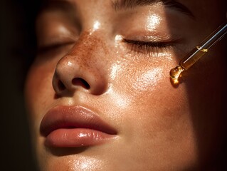 Obraz premium Woman with a light skin tone is applying a lotion to her face. The lotion is in a bottle and is being applied to her face with a dropper. The woman has a relaxed