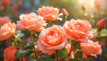 A vibrant garden display of peach-colored roses, bathed in warm sunlight.