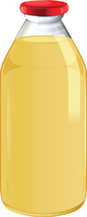 A clear glass bottle filled with yellow juice and sealed with a red cap.