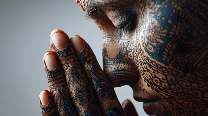 Woman with henna tattoos on her face is praying. The tattoos are intricate and colorful, and the woman's face is covered in them. Scene is peaceful and spiritual