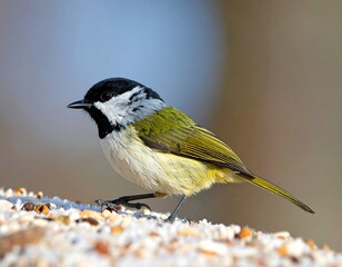 Close-up of a colorful bird with black, white, and yellow-green plumage, perched on a surface covered with seeds.