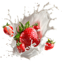 Several strawberries splashing into milk isolated on transparent background