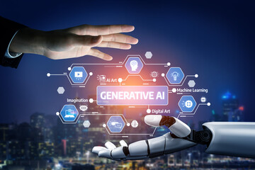 A visual representation of collaboration between humans and AI showcasing generative AI concepts, emphasizing technological innovation and creativity in digital art and design. Tessel