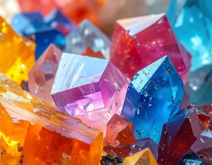 Close-up view of a vibrant collection of colorful crystals, showcasing intricate geometric shapes and a dazzling array of hues.