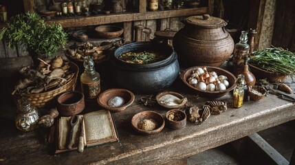 Explore ancient culinary secrets with this rustic kitchen scene featuring a bubbling cauldron, fresh herbs, and vintage cookbook perfect for historical dramas and culinary inspiration