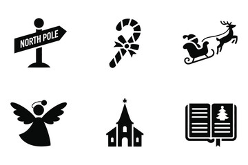 Christmas icons set north pole sign candy cane sleigh angel church open book tree celebration