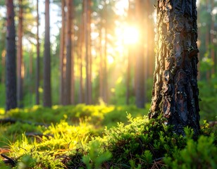 Sunlight streams through a lush forest, highlighting a textured tree trunk and vibrant greenery at the forest floor.