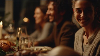 A close up view of a Thanksgiving dinner with family and friends gathered around the table, smiling and laughing together while eating; festive atmosphere, cinematic lighting, joyful holiday moment