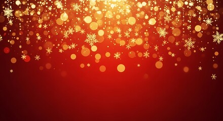 Illustration of golden glitter and snowflake bokeh lights falling on a red background