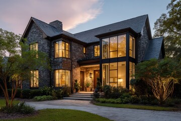 Contemporary modern home exterior showcasing black framed windows and stone facade during dusk with warm lights illuminating the interior