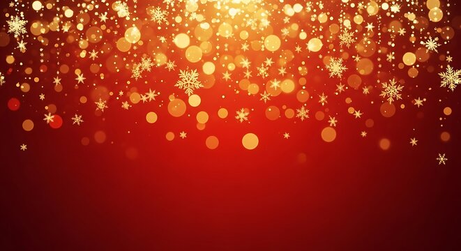 Illustration of golden glitter and snowflake bokeh lights falling on a red background