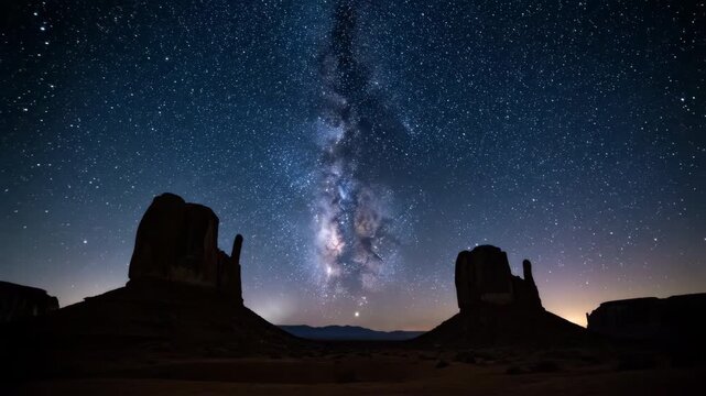 A breathtaking timelapse captures countless stars and the Milky Way moving across a clear desert night sky above ancient rock formations stock footage, solitude, universe