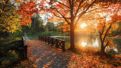 Naklejka premium Autumn landscape with a bridge over a pond vibrant fall foliage and golden sunlight creating a serene and picturesque scene