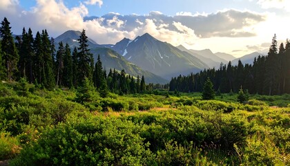 A vast expanse of lush greenery, vibrant foliage, and towering mountains creates a serene landscape under a cloudy sky.