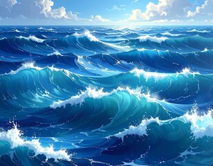 A vibrant depiction of ocean waves, showcasing a spectrum of blues and whites against a bright sky.