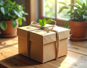A simple, kraft paper gift box tied with natural twine and adorned with fresh greenery sits on a wooden table, bathed in sunlight.