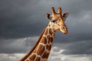 Obraz premium Majestic Giraffe Portrait against a Dramatic Sky, Nature's Beauty Unveiled