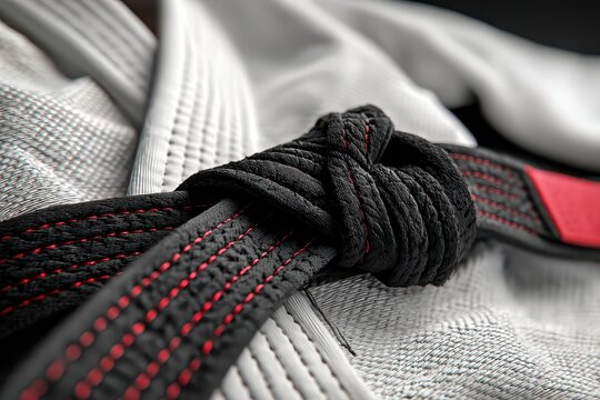 Closeup view of a jiujitsu black belt intricately tied around a lightweight gi during a training session at a martial arts dojo